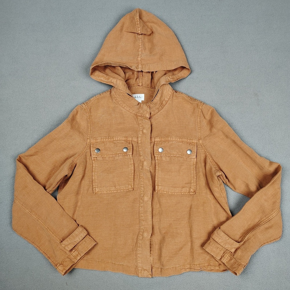 Nicole Miller Camel Tan Linen Blend Utility Jacket Large Hooded Field Coat Snap